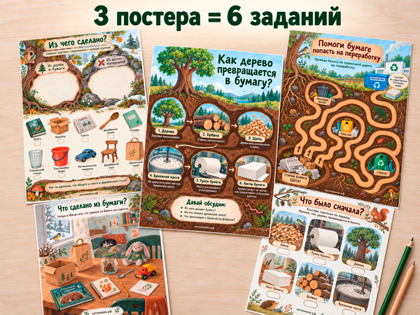Постеры и задания набора «От дерева до бумаги» для детей 3–7 лет