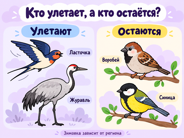 Кто улетает и кто остаётся: ласточка, журавль, воробей и синица