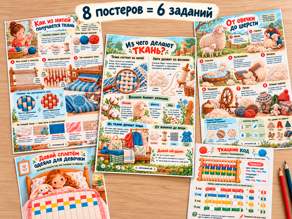 Постеры и развивающие задания из набора «От волокна до ткани»