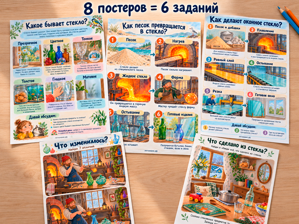 Постеры и задания набора «От песка до стекла» для детей 4–7 лет